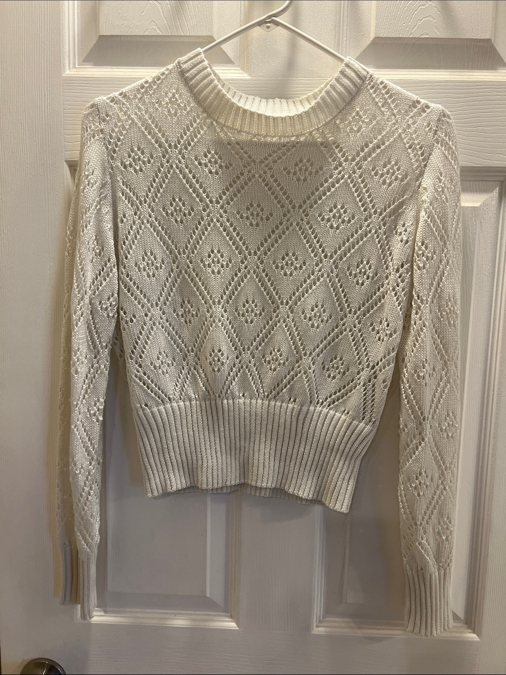 Women's White Openwork Crewneck Cropped Sweater